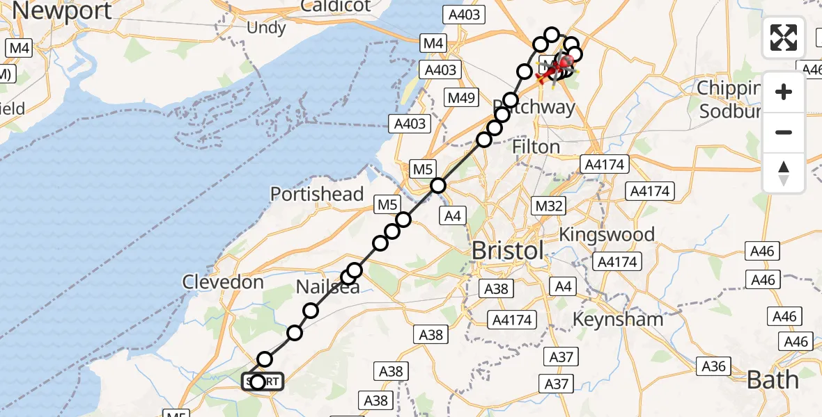 Flight route Air Ambulance Helicopter Claverham - Hortham, 16 May 2026, 14:19