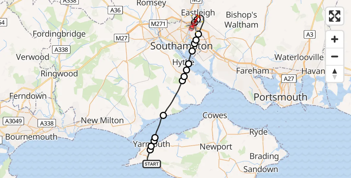 Flight route Air Ambulance Helicopter Freshwater Bay - Eastleigh, 16 May 2026, 14:19