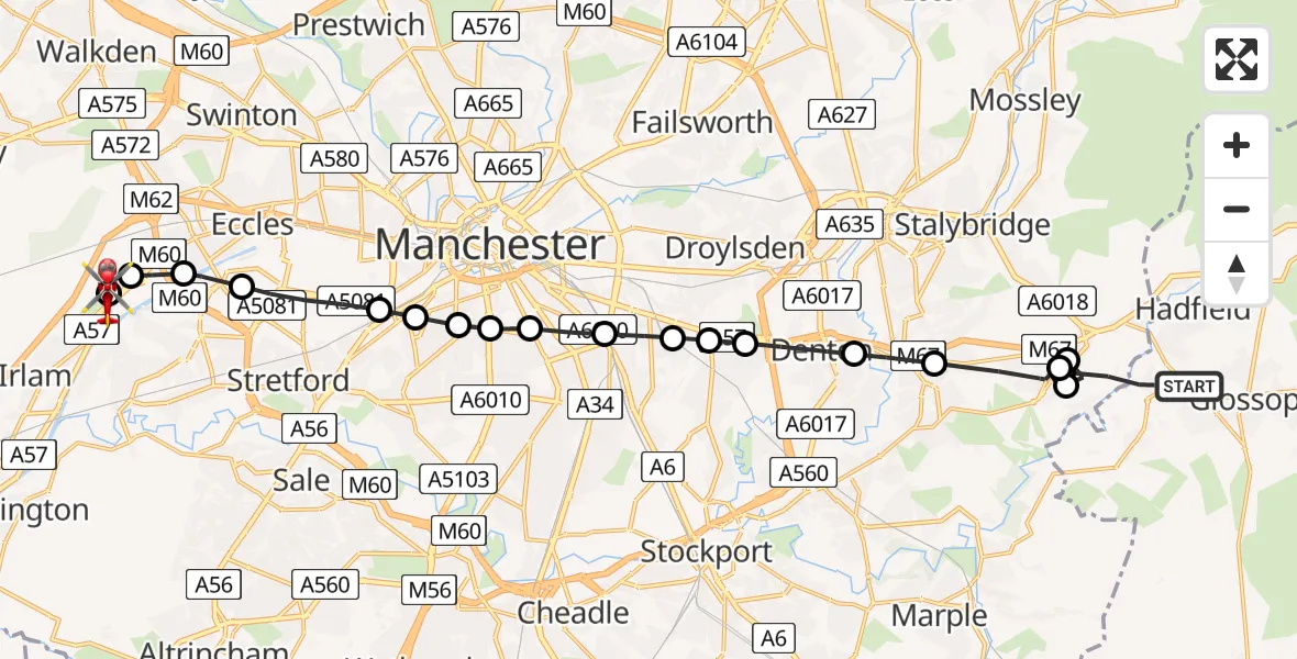 Flight route Air Ambulance Helicopter Gamesley - Irlam, 16 May 2026, 14:22
