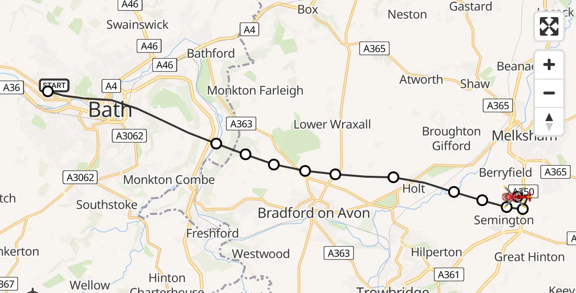 Flight route Air Ambulance Helicopter Royal United Hospital Bath - Wiltshire Air Ambulance, 16 May 2026, 14:31