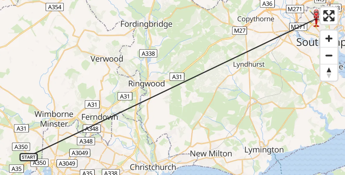 Flight route Air Ambulance Helicopter Upton - University Hospital Southampton, 16 May 2026, 14:35