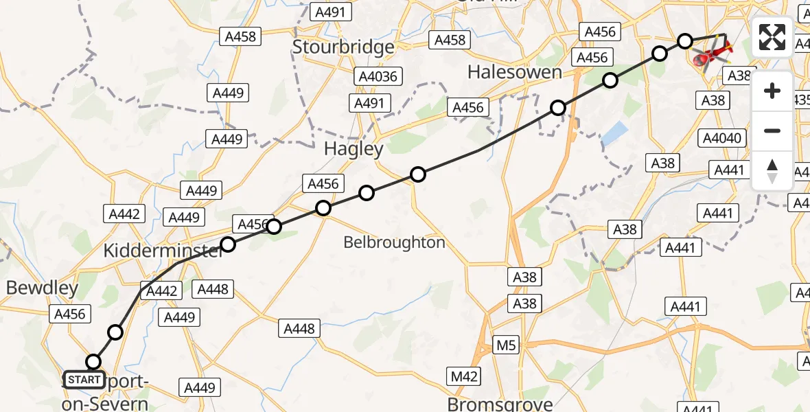 Flight route Air Ambulance Helicopter Stourport-on-Severn - Metchley, 16 May 2026, 14:36