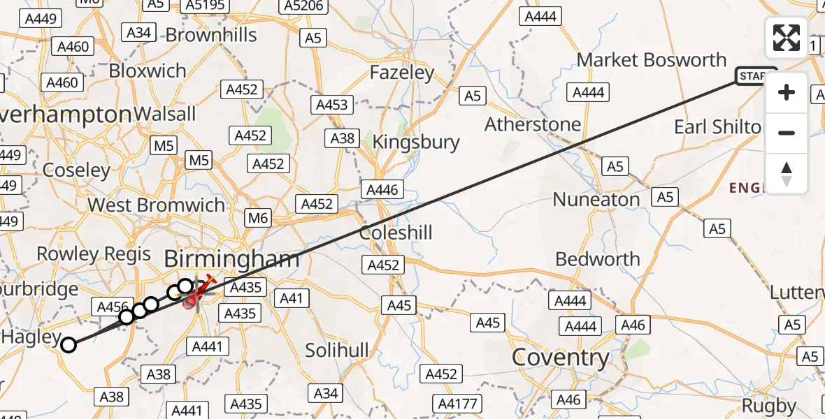 Flight route Air Ambulance Helicopter Blaby - Metchley, 16 May 2026, 14:37