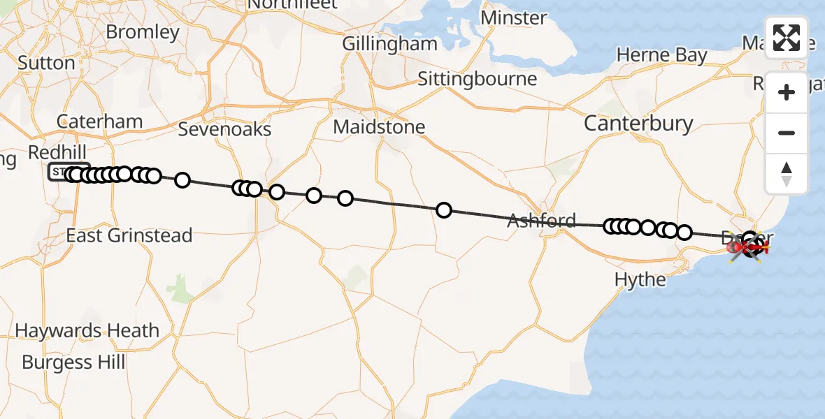 Flight route Air Ambulance Helicopter Redhill Aerodrome - Dover, 16 May 2026, 14:42