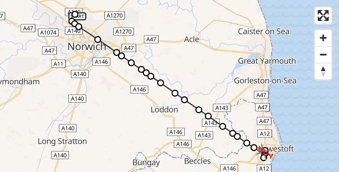 Flight route Air Ambulance Helicopter Norwich Airport - Lowestoft, 16 May 2026, 14:43