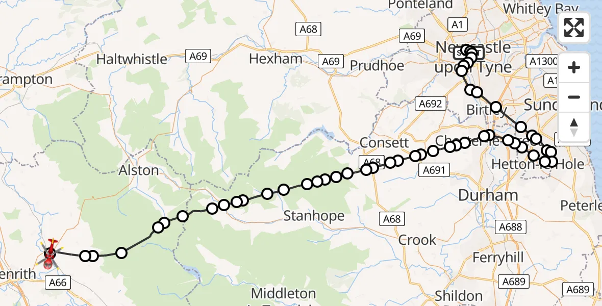 Flight route Air Ambulance Helicopter Newcastle Royal Victoria Infirmary - Langwathby, 16 May 2026, 14:46