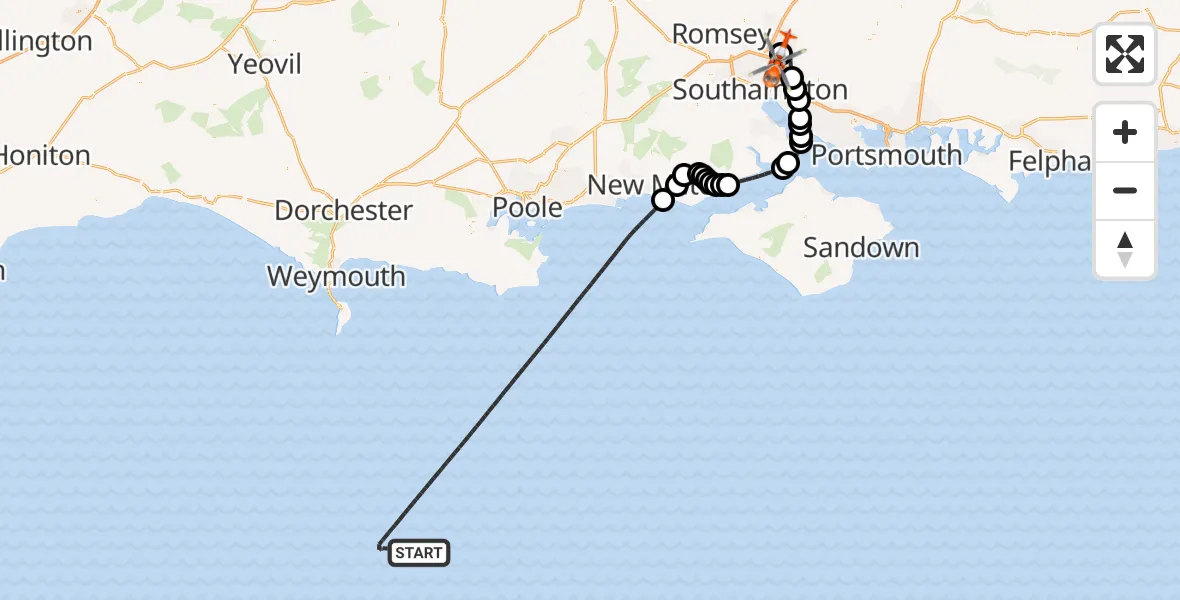 Flight route Coastguard Helicopter English Channel - Southampton Airport, 16 May 2026, 14:48