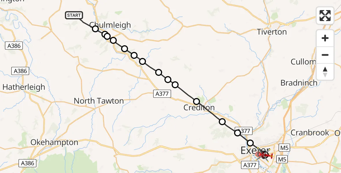 Flight route Air Ambulance Helicopter Burrington - Royal Devon & Exeter Hospital, 16 May 2026, 14:52