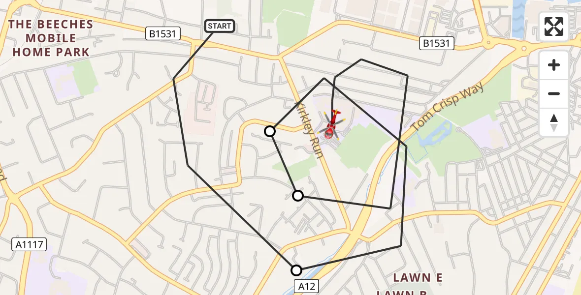 Flight route Air Ambulance Helicopter Oulton Broad - Lowestoft, 16 May 2026, 15:01