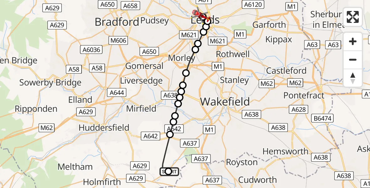 Flight route Air Ambulance Helicopter Denby Dale - Woodhouse, 16 May 2026, 15:02