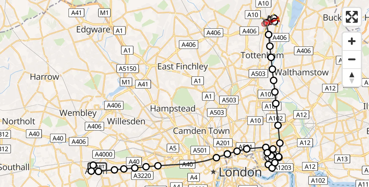 Flight route Air Ambulance Helicopter Ealing - Enfield, 16 May 2026, 15:04