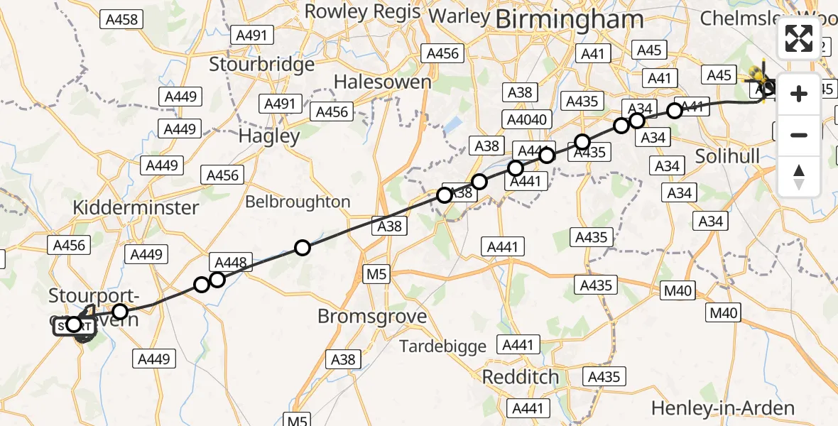 Flight route Police Helicopter Stourport-on-Severn - Solihull, 16 May 2026, 15:14