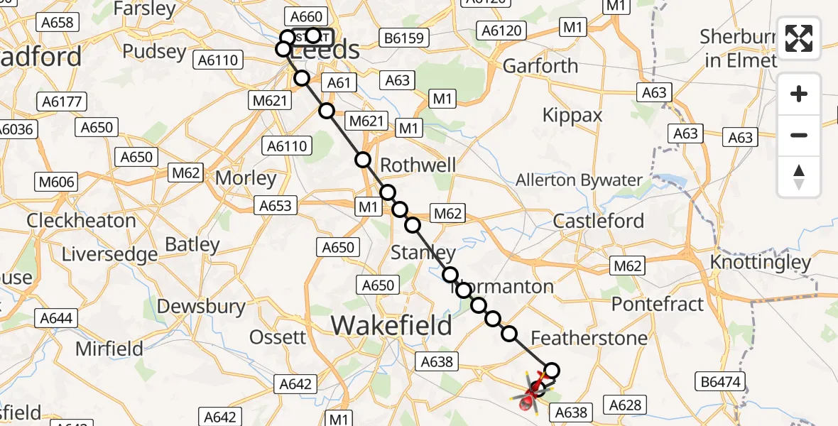 Flight route Air Ambulance Helicopter Woodhouse - YAA Nostell Helicopter Port, 16 May 2026, 15:16