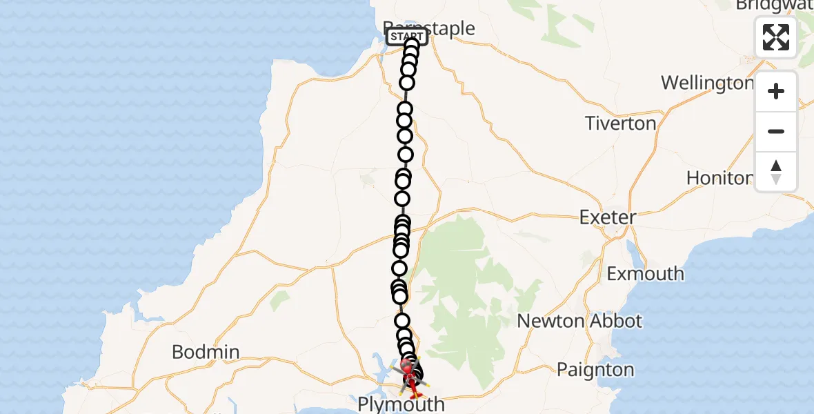 Flight route Air Ambulance Helicopter Fremington - Derriford Hospital, 16 May 2026, 15:18