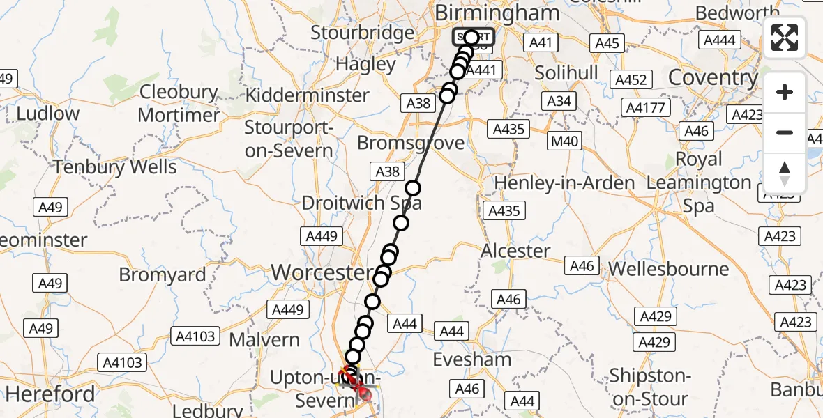 Flight route Air Ambulance Helicopter Queen Elizabeth Hospital Helipad - Upper Strensham, 16 May 2026, 15:27