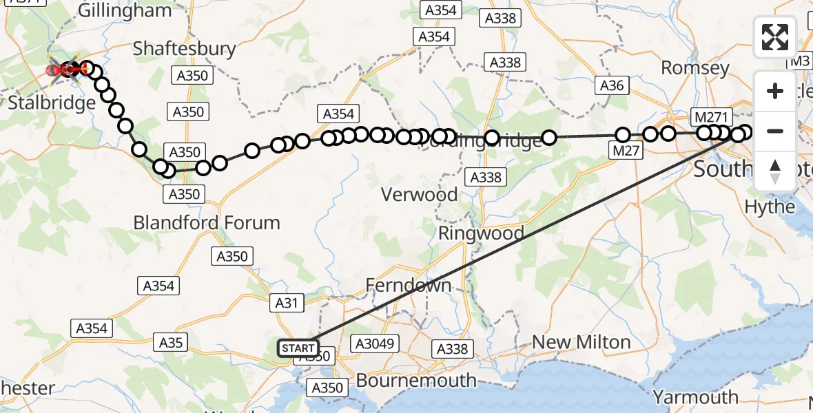 Flight route Air Ambulance Helicopter Upton - Henstridge Airfield, 16 May 2026, 15:27