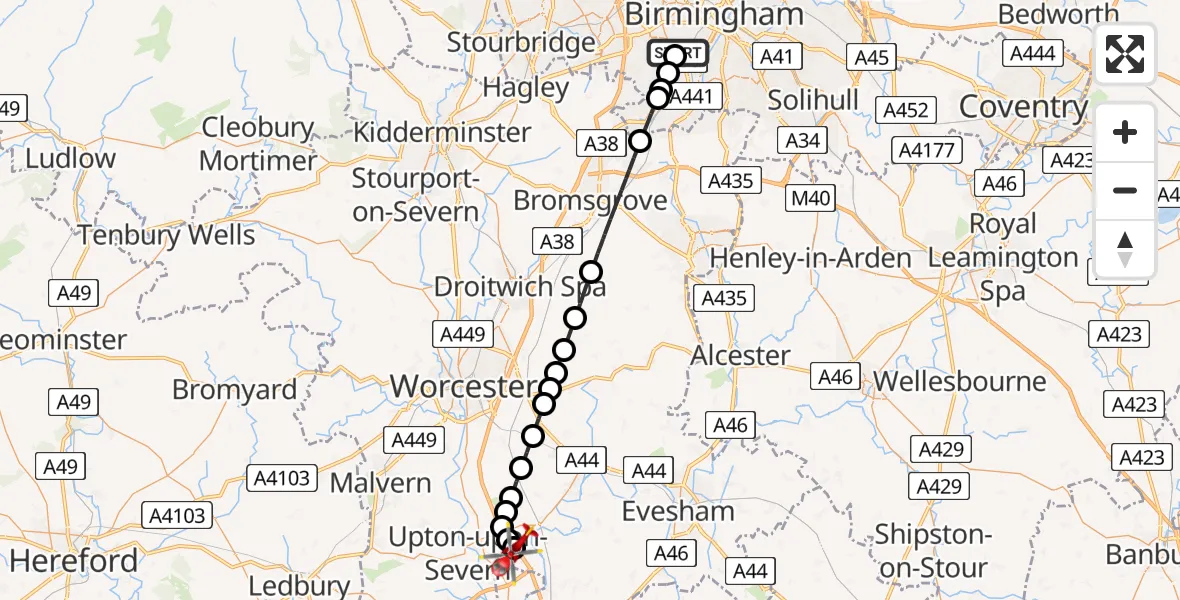 Flight route Air Ambulance Helicopter Queen Elizabeth Hospital Helipad - Upper Strensham, 16 May 2026, 15:28