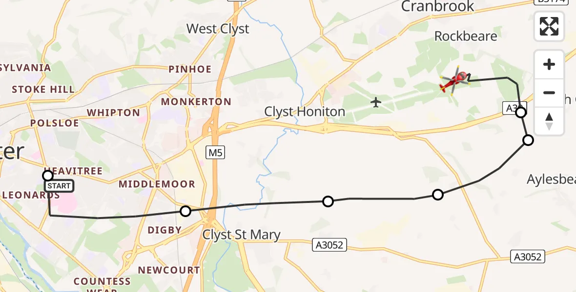 Flight route Air Ambulance Helicopter Royal Devon & Exeter Hospital - Rockbeare, 16 May 2026, 15:30