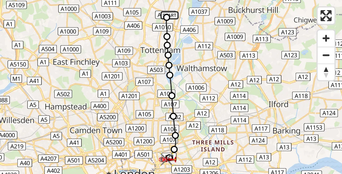 Flight route Air Ambulance Helicopter Edmonton - Royal London Hospital, 16 May 2026, 15:33