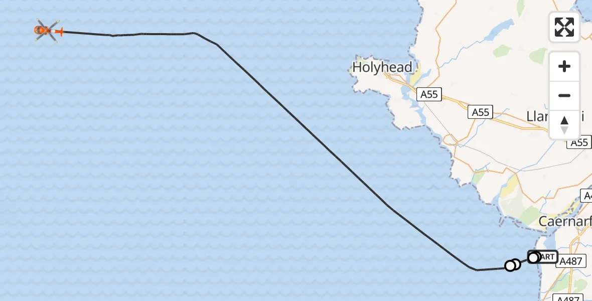 Flight route Coastguard Helicopter Caernarfon Airport - Irish Sea, 16 May 2026, 15:43