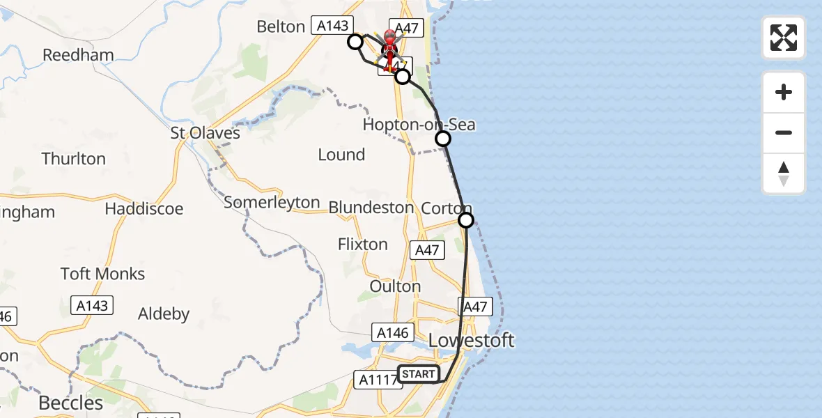 Flight route Air Ambulance Helicopter Lowestoft - James Paget Hospital, 16 May 2026, 15:58