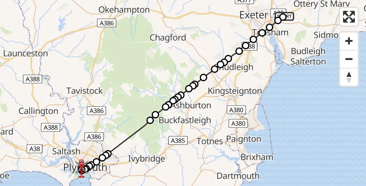Flight route Air Ambulance Helicopter East Devon - Stonehouse, 16 May 2026, 15:59