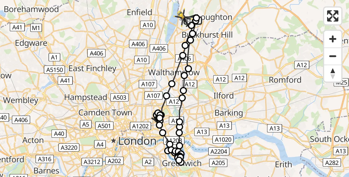 Flight route Police Helicopter Sewardstonebury - Chingford, 16 May 2026, 16:03
