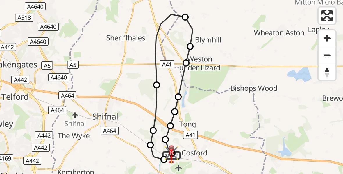 Flight route Air Ambulance Helicopter RAF Cosford - Tong, 16 May 2026, 16:10