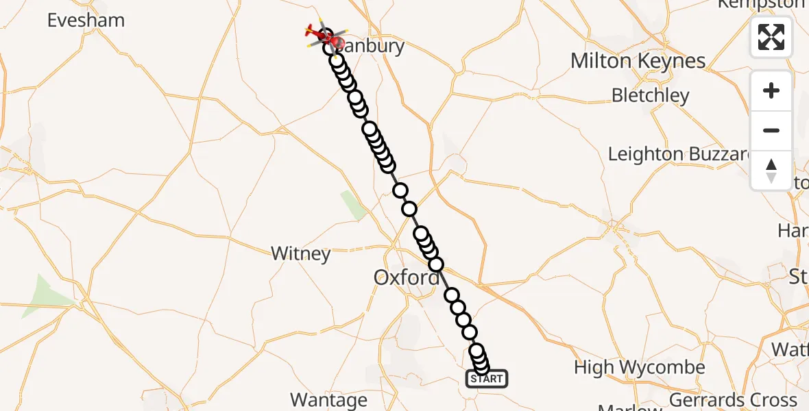 Flight route Air Ambulance Helicopter RAF Benson - Wroxton, 16 May 2026, 16:16