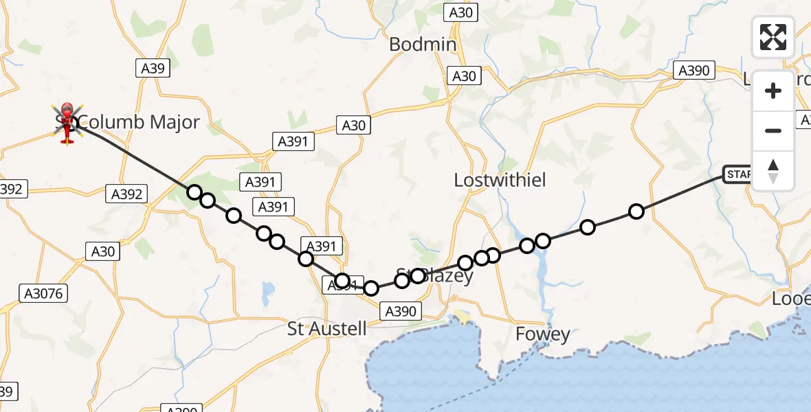 Flight route Air Ambulance Helicopter Duloe - Cornwall Airport Newquay, 16 May 2026, 16:27