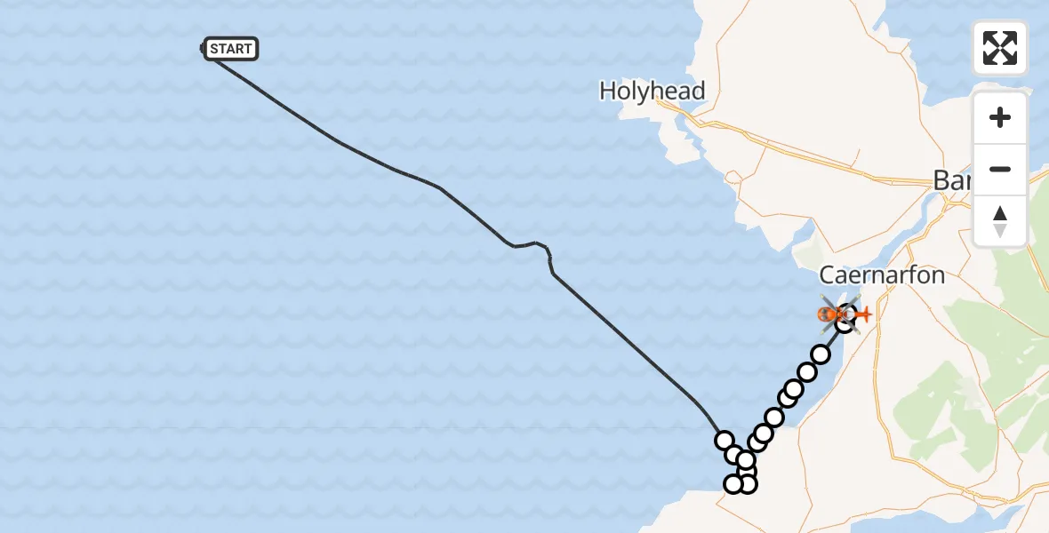 Flight route Coastguard Helicopter Irish Sea - Caernarfon Airport, 16 May 2026, 16:27