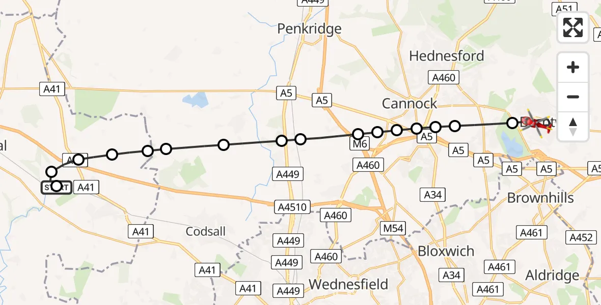 Flight route Air Ambulance Helicopter RAF Cosford - Burntwood, 16 May 2026, 16:34