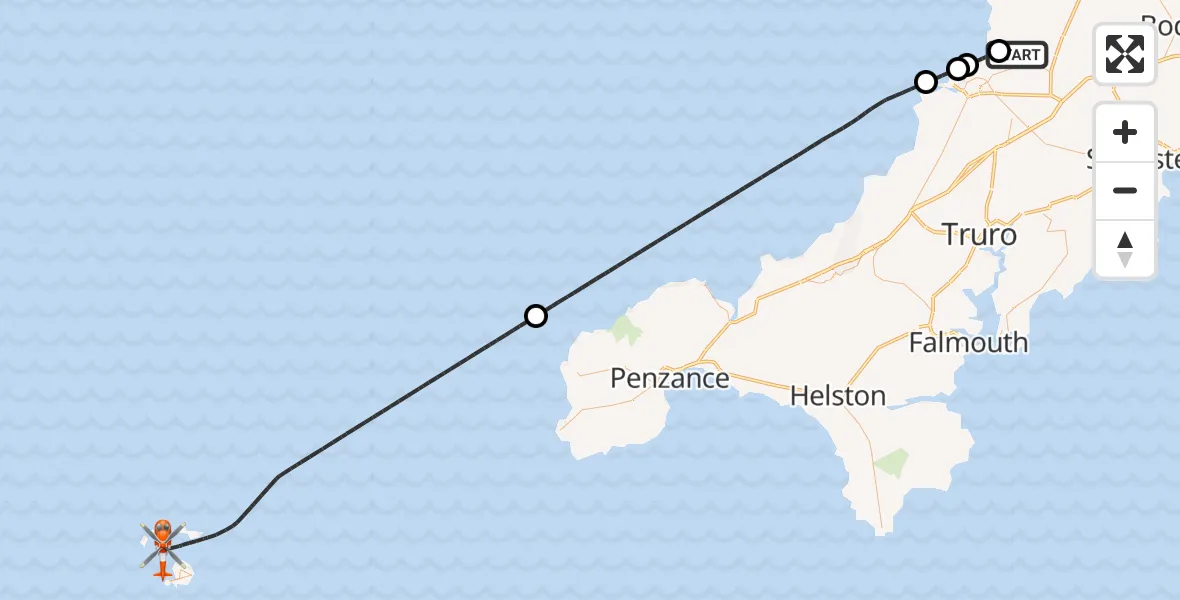 Flight route Coastguard Helicopter Cornwall Airport Newquay - North Atlantic Ocean, 16 May 2026, 16:35