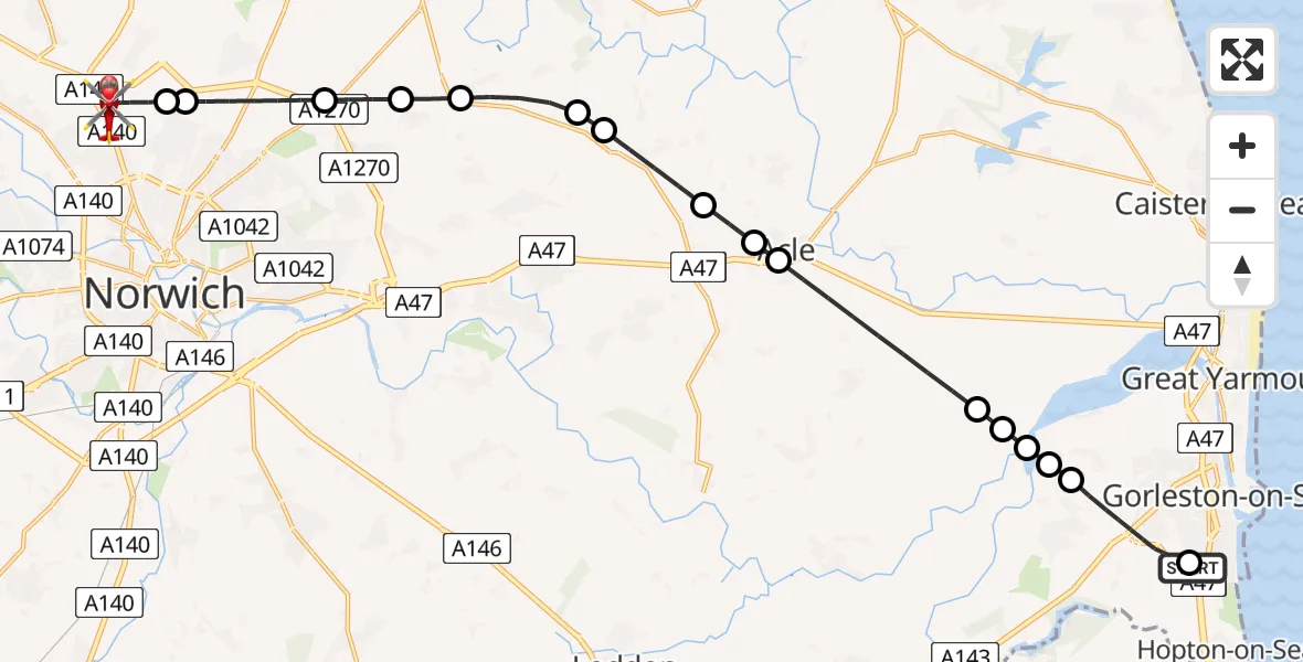 Flight route Air Ambulance Helicopter James Paget Hospital - Norwich Airport, 16 May 2026, 16:38