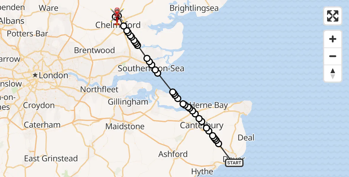 Flight route Air Ambulance Helicopter Dover - Little Waltham, 16 May 2026, 17:00