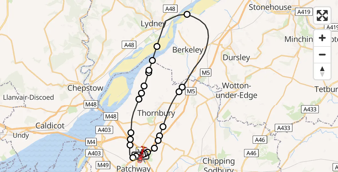 Flight route Air Ambulance Helicopter Almondsbury Helicopter Base - Almondsbury Helicopter Base, 16 May 2026, 17:01
