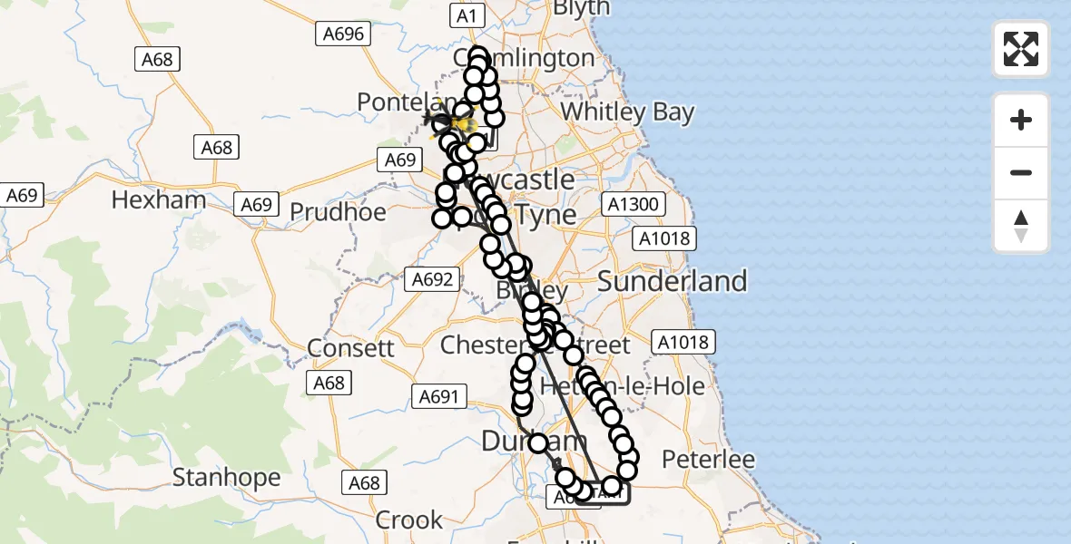 Flight route Police Helicopter Quarrington Hill - Newcastle International Airport, 16 May 2026, 17:07