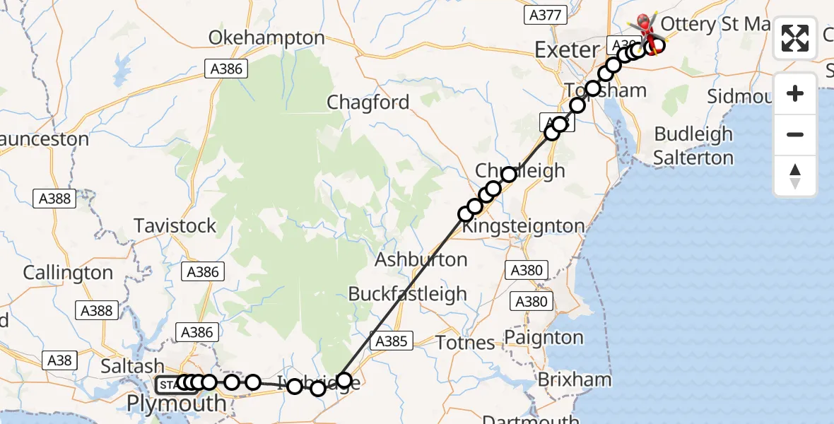 Flight route Air Ambulance Helicopter Peverell - Rockbeare, 16 May 2026, 17:21