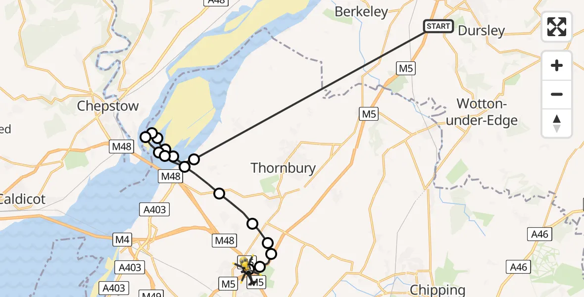 Flight route Police Helicopter Dursley - Almondsbury Helicopter Base, 16 May 2026, 17:33