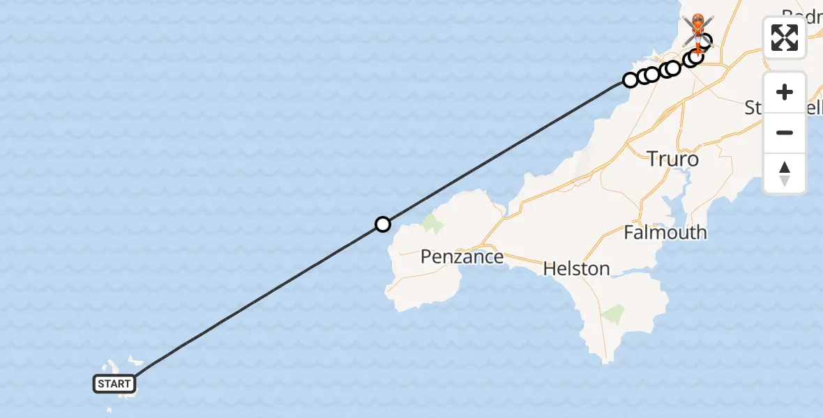 Flight route Coastguard Helicopter North Atlantic Ocean - Cornwall Airport Newquay, 16 May 2026, 17:38