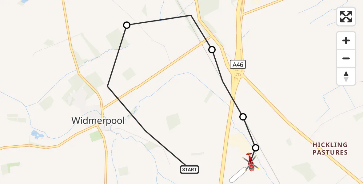 Flight route Air Ambulance Helicopter Widmerpool - Nottingham Heliport, 16 May 2026, 17:48