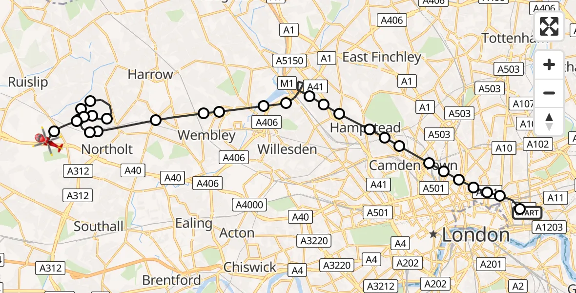 Flight route Air Ambulance Helicopter Royal London Hospital - RAF Northolt, 16 May 2026, 17:51
