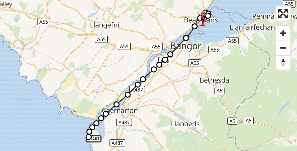 Flight route Air Ambulance Helicopter Caernarfon Airport - Beaumaris, 16 May 2026, 18:04