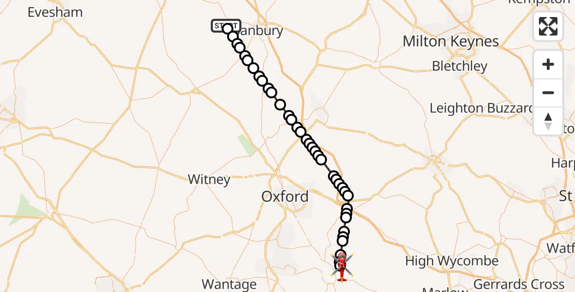 Flight route Air Ambulance Helicopter Wroxton - RAF Benson, 16 May 2026, 18:06