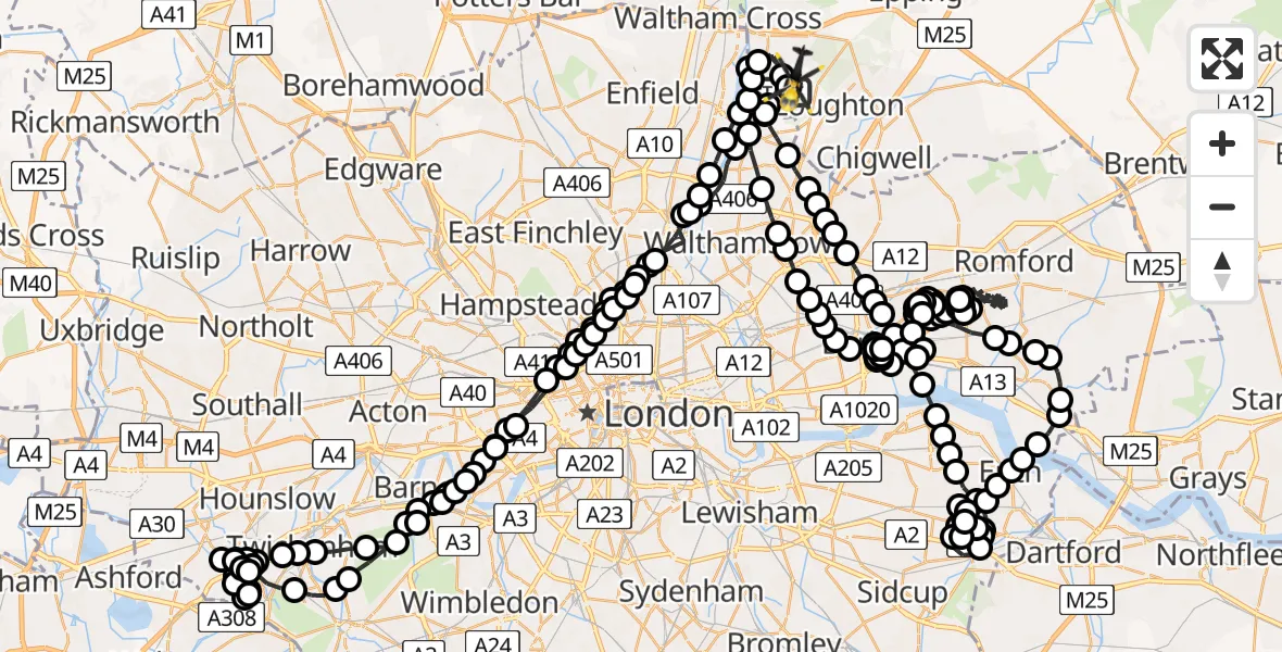 Flight route Police Helicopter Metropolitan Police Air Support Unit Lippitts Hill - Sewardstonebury, 16 May 2026, 18:07
