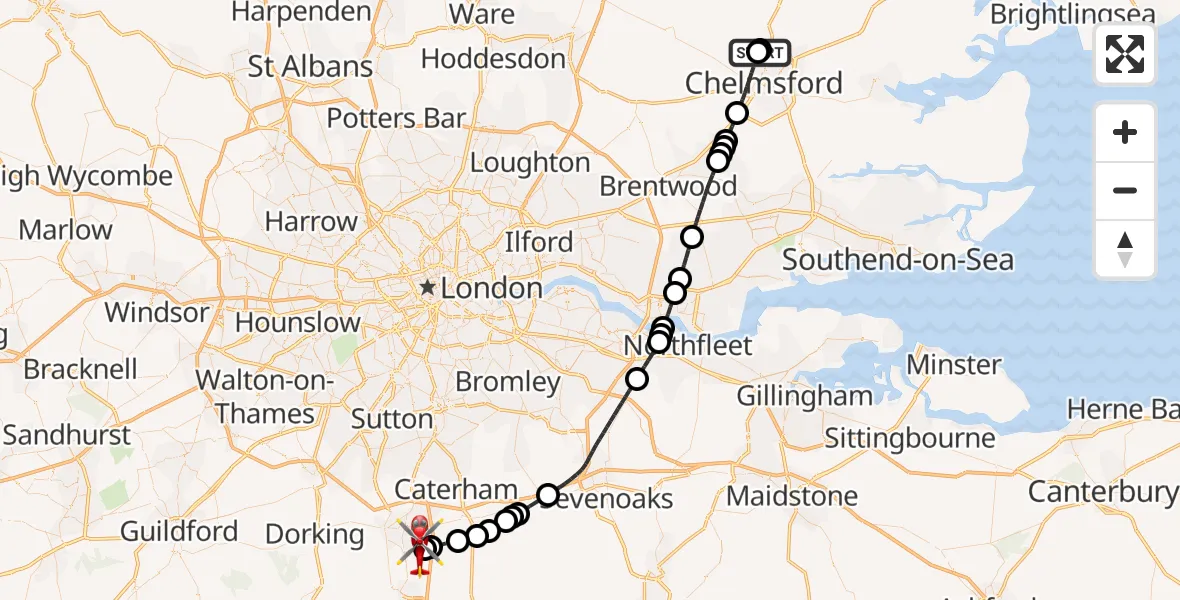 Flight route Air Ambulance Helicopter Broomfield Hospital - Redhill Aerodrome, 16 May 2026, 18:23