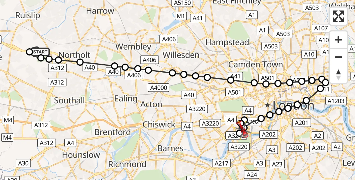 Flight route Air Ambulance Helicopter RAF Northolt - Chelsea, 16 May 2026, 18:29
