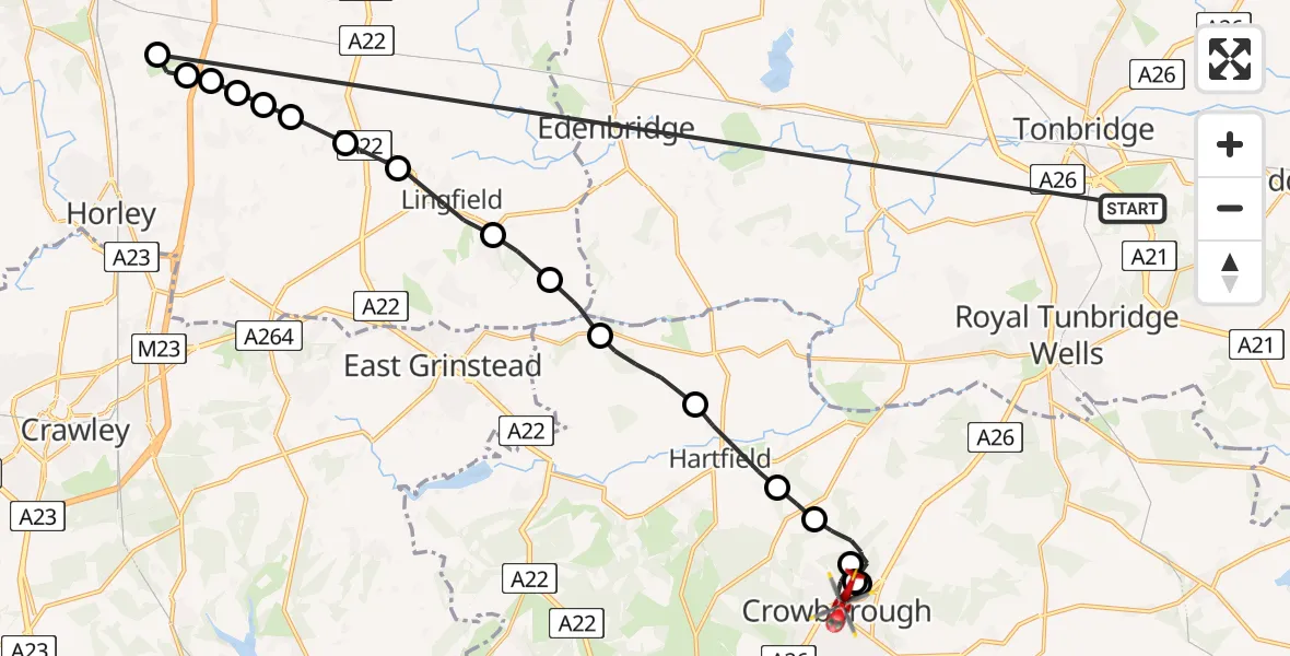 Flight route Air Ambulance Helicopter Capel - Crowborough, 16 May 2026, 19:01