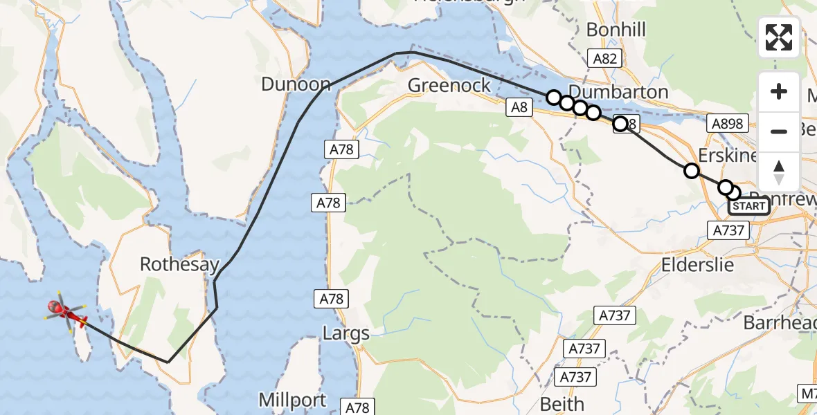 Flight route Air Ambulance Helicopter Glasgow Airport - Inner Seas, 16 May 2026, 19:08