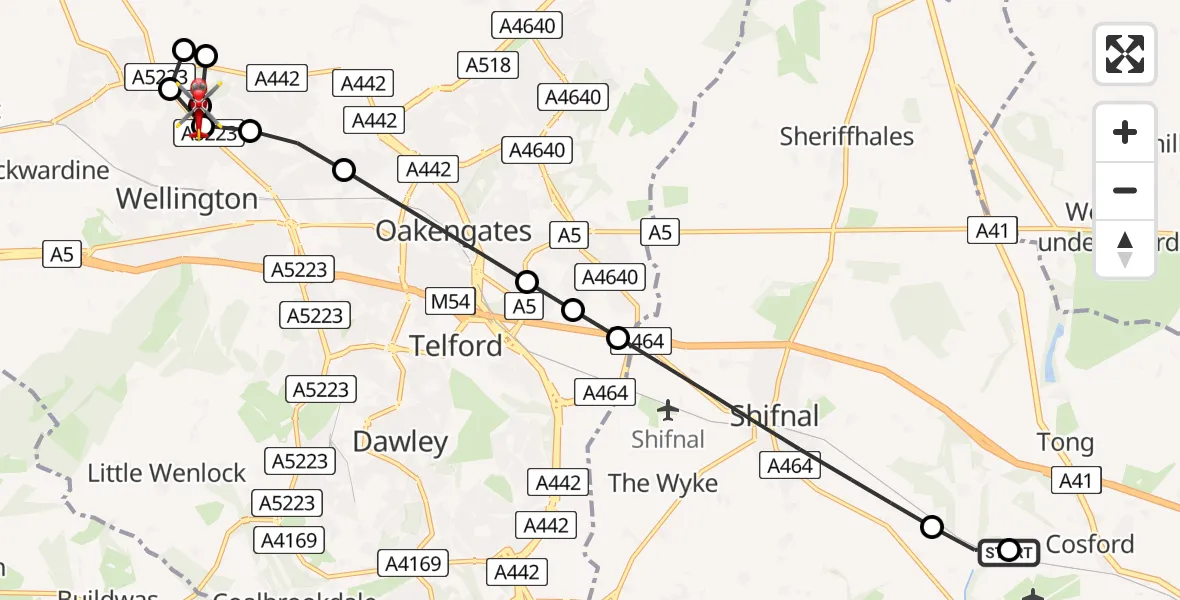 Flight route Air Ambulance Helicopter RAF Cosford - Princess Royal Telford Hospital, 16 May 2026, 19:10